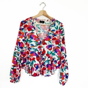 Vici Womens Small Linen Blend Red Floral Tie Waist Boho Peasant Shirt